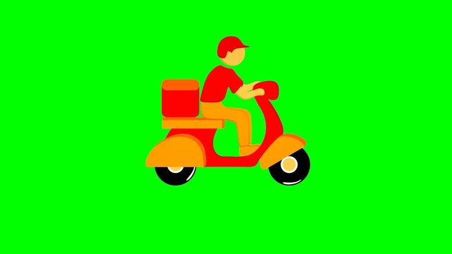 Courier riding motorcycle delivering package box vector animation on green screen background.