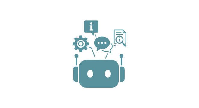 Stylized robot head icon with customer support chat icons.