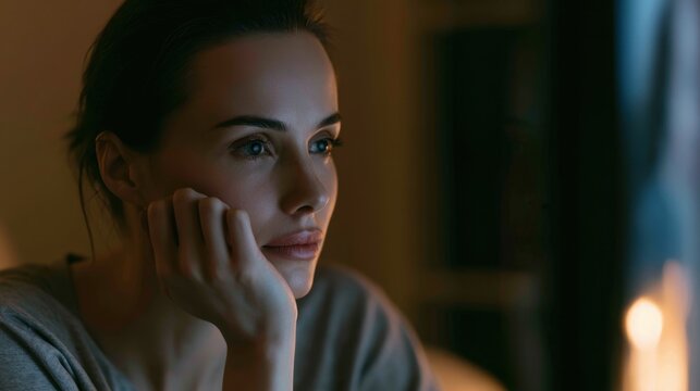 Thoughtful young woman with natural makeup resting chin on hand looking thoughtfully into distance in dark cozy room with soft warm lighting