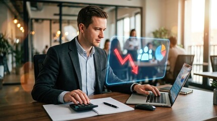 Fototapeta premium Businessman analyzing financial crisis data with a futuristic virtual chart in the office.