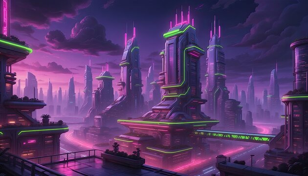 Futuristic Cyberpunk Cityscape at Night with Neon Lights, Purple and Pink Hues, Flying Cars