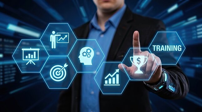 Business training and development concept with digital interface and success metrics