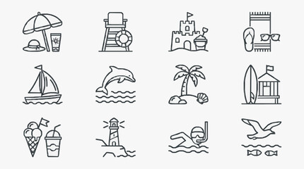 Fototapeta premium Industrial Style Black and White Line Icons Set of Beach and Water Themed Illustrations for Digital Use