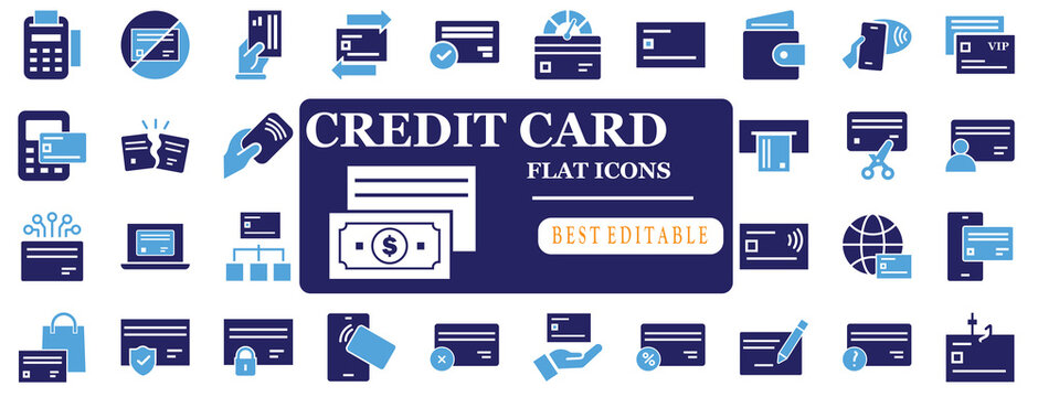 Editable Credit Card Icons Set Business Finance Payment Collection with Banking, Debit Card, Digital Wallet, Money Transfer, Secure Transaction, Online Payment Vector 