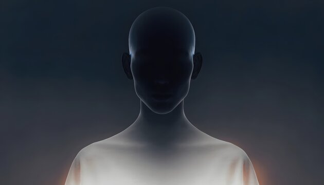 Shadowy human figure with a subtle orange backglow. Cybernetic privacy and facial recognition tech. Silhouette of a bald man looking forward in a dark ambient room