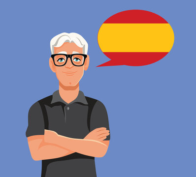 Grey Haired Man Speaking Spanish With Speech Bubble. Mature middle aged businessman talking using text balloon containing Spain national symbol 