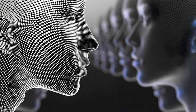 Halftone mesh human face facing a row of glossy dark heads. Data cloning and artificial intelligence development. Digital android profile contrasting with synthetic replicas