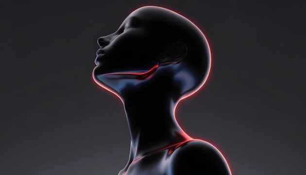 Shiny black metallic android face profile. Future technology and cognitive science. Artificial intelligence head tilting upward with glowing red highlights
