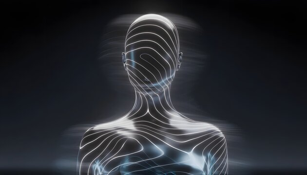 Futuristic human bust with glowing topographic line patterns. Digital mapping and biometrics data. Silhouette of a person covered in abstract white light waves against dark background