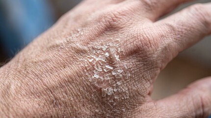 Naklejka premium Dry flaky skin on a human hand close-up showing dermatological issues