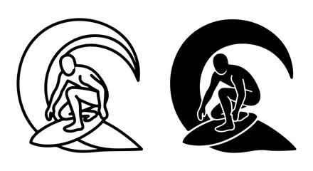 Fototapeta premium Surfer Riding Wave Icon, Silhouette and Outline Vector Art, Extreme Sport Symbol