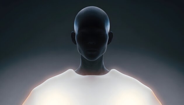 Glowing humanoid silhouette with neon outline. Artificial intelligence and virtual identity. Minimalist android bust radiating light in a dark digital space