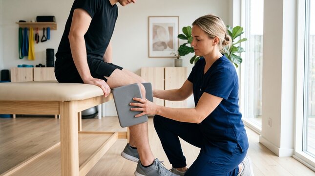 Female physical therapist evaluating knee injury of patient in clinic