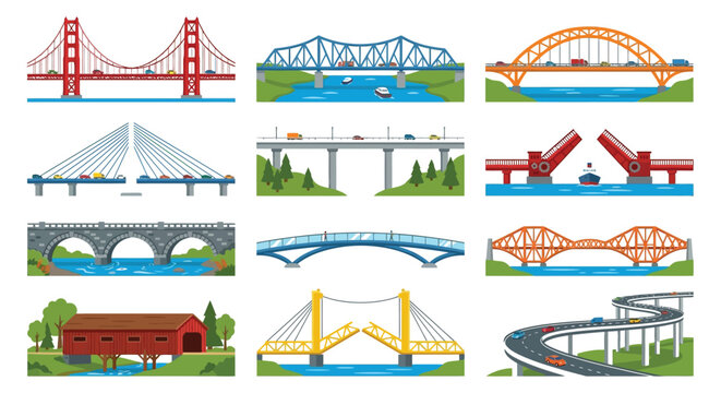 Collection Of Various Bridge Structures A Colorful Vector Illustration On A White Background bridges span overpass viaduct