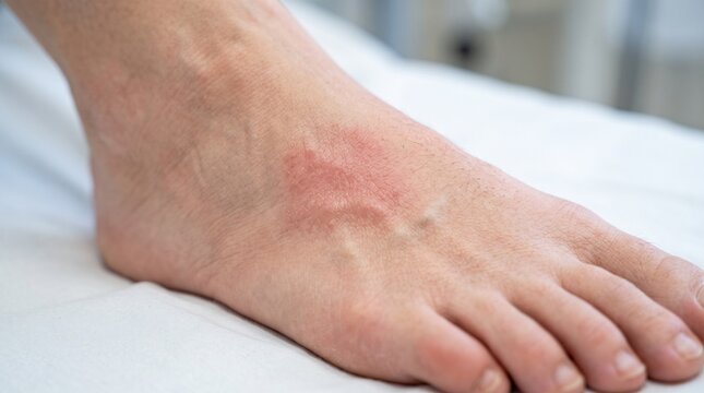 Inflamed skin rash on human foot showing red irritation and dermatitis