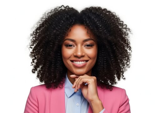Smiling woman with curly hair holding microphone singing
