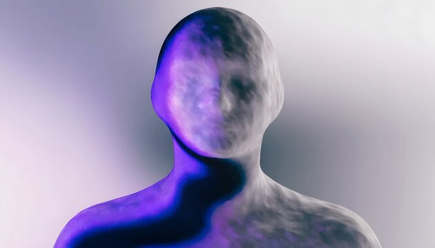 Textured monochromatic human head sculpture with purple accents. Psychological state and cognitive function representation. Abstract humanoid figure standing in foggy light