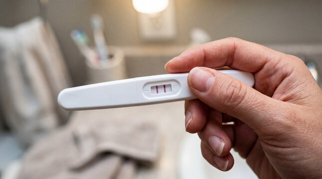 Woman holding positive pregnancy test in bathroom showing two lines indicating conception
