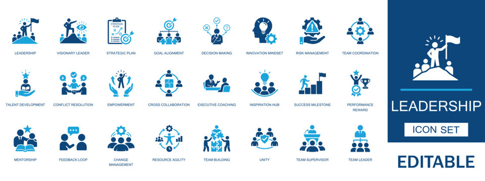 Leadership and team management icon set. Featuring visionary leader strategic plan goal alignment empowerment execution supervisor and business collaboration network.