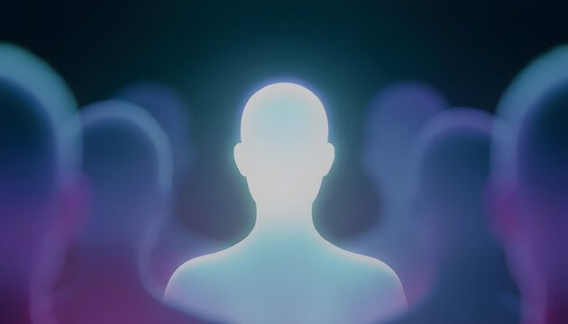 Bright shining human figure center in dark crowd. Unique individuality and spiritual enlightenment concept. Glowing silhouette of a person standing among blurred dark figures