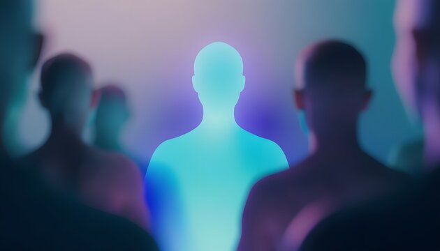 Vibrant glowing neon blue human outline in a group. Human resource recruitment and data filtering concept. Central bright figure shining among a blurred background of people