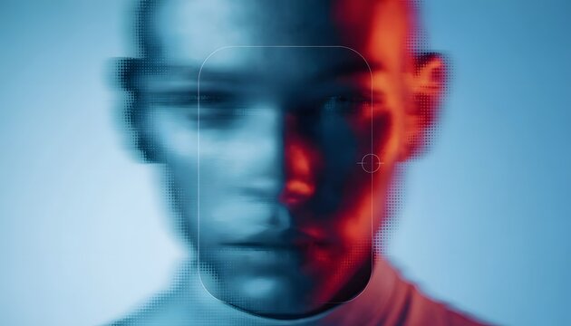 Abstract blurred digital face under holographic scanning interface. Future artificial intelligence system and cyber processing authentication. Technical metadata scanner analyzing face