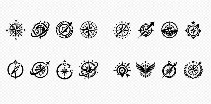 Set of black and white compass icons for navigation and direction.