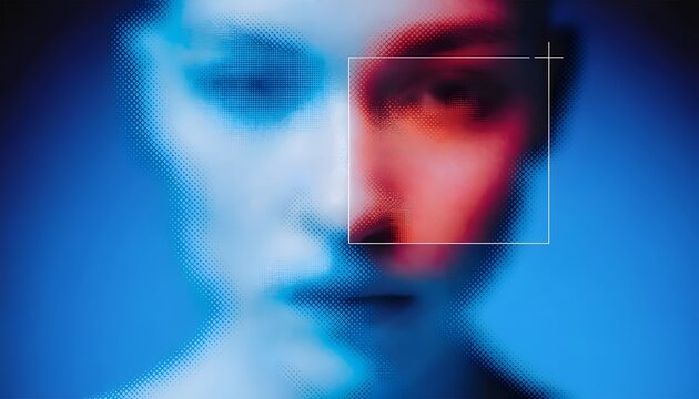 Macro face close up with biometric scanner crosshair target grid. Cyber network safety authentication and data identity verification. Interface scanning facial features for system access