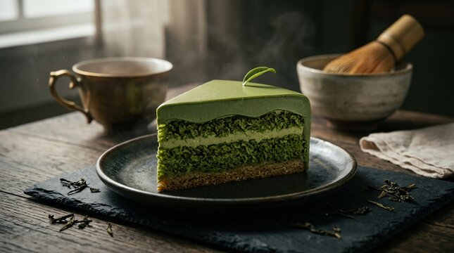 Green Matcha Cake Slice on Dark Plate with Tea Cup and Wooden Utensil in Cozy Kitchen Setting