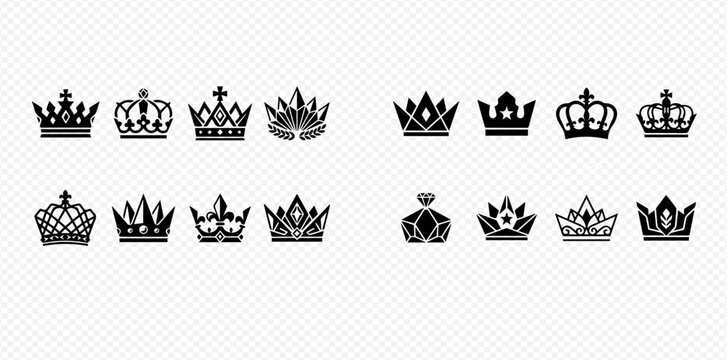 Collection of various crown icons and symbols representing royalty, leadership, and success in a minimalist black and white style.