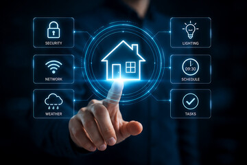 Fototapeta premium Smart home automation interface with various control icons managed by human finger touch.
