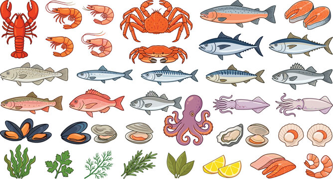 Fresh Seafood and Fish Vector Icon Set with Lobster Crab Salmon Shrimp Tuna Octopus and Mussels for Restaurant Menu and Market Design