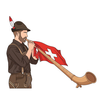 Swiss man playing alphorn with flag