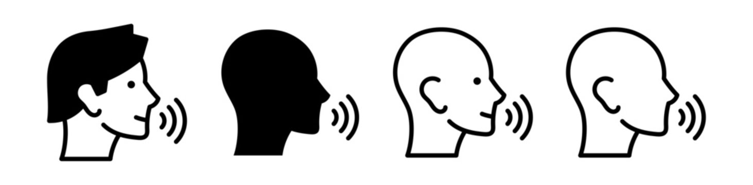 Iconos de comunicaci&oacute;n por voz para asistentes digitales que representan conversaci&oacute;n, reconocimiento de voz e interacci&oacute;n, estilo l&iacute;nea y s&oacute;lido