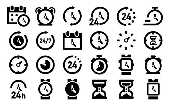 24 iconos de gesti&oacute;n del tiempo para productividad que representan horarios, temporizadores y planificaci&oacute;n, estilo s&oacute;lido