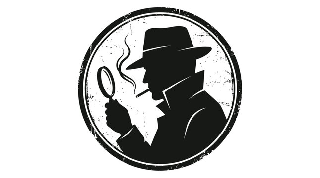 Detailed vector illustration of a mysterious detective silhouette wearing a fedora hat and holding glass