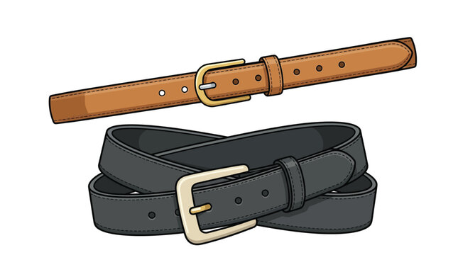 Brown and black leather belts with metal buckles displayed as flat vector illustrations on white