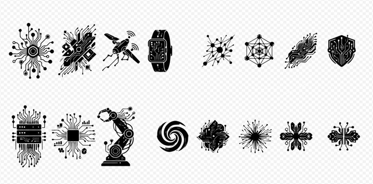 Set of Technology and Artificial Intelligence Icons with Circuit Board Elements.