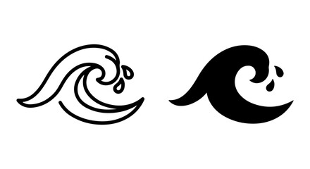 Stylized Wave Icons: Outline and Solid Black Vector Graphics for Coastal and Ocean Themes © Farjana