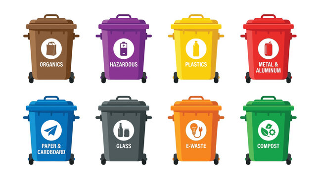 Colorful set of eight recycling bins with specific waste sorting icons for professional environmental management