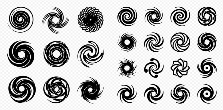 Set of Black Swirls and Vortexes, Abstract Spiral Shapes and Hurricane Symbols on Transparent Background.