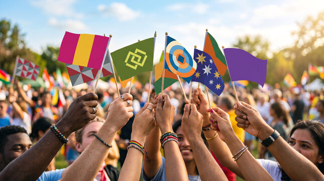 Diverse crowd holding colorful flags at outdoor event or festival with people in background