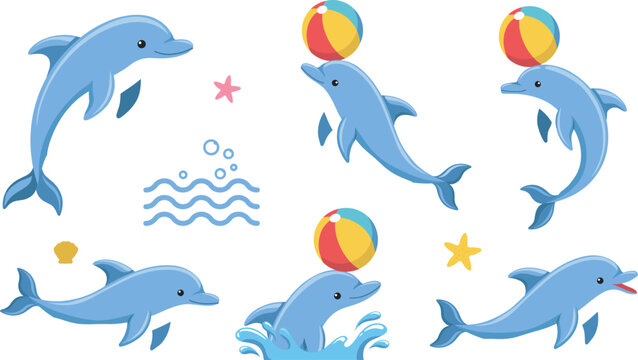 Playful Cartoon Dolphins with Beach Balls and Ocean Elements
