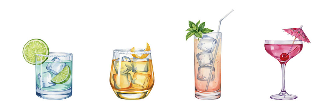 Set of four watercolor cocktails including a lime drink, whiskey on the rocks, a tall refreshing beverage with mint, and a pink martini with cherry