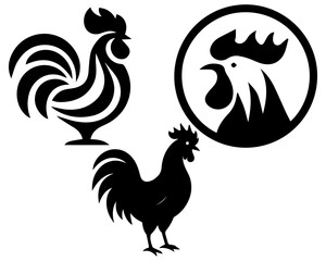 Rooster Silhouette Logo Set  3 Black & White Vintage Vector Designs © Artsy Apex