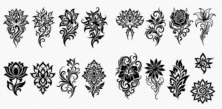 Set of intricate black and white floral design elements for decoration or tattoo art.