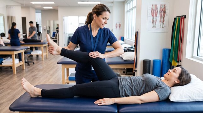 Professional physical therapist helping patient with leg stretch in clinic