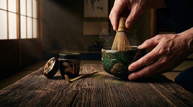 Traditional Tea Ceremony with Hand Whisking Green Tea in Ceramic Bowl in Japanese Style Room