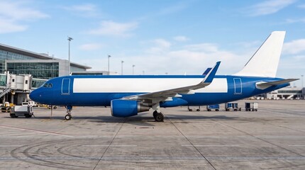 Fototapeta premium Blue cargo airplane with blank side panel at airport. Commercial jet for logistics and air transport.
