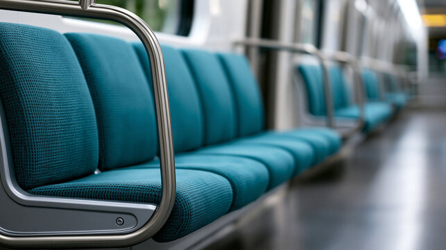 Subway train interior features a row of clean, empty teal colored seats and sturdy metal handrails, reflecting quiet public transport, urban travel, and modern commuting, copy space